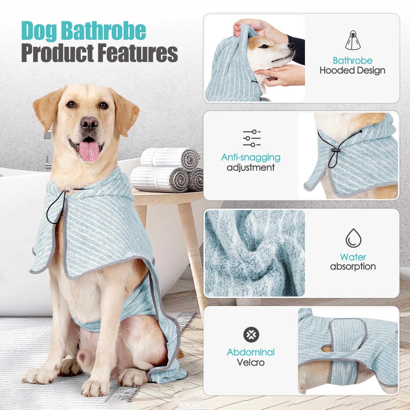 Dog Bathrobe Quick Dry Absorbent Pet Towel Coat Hooded Dog Bath Towel Soft Microfiber Drying Robe for Dogs