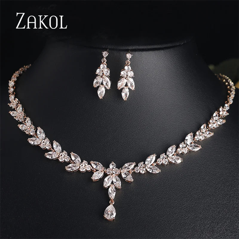 ZAKOL Luxury Brilliant Zirconia Leaf Necklace Earrings Rings Bracelets Set for Women CZ Drop Bridal Wedding Jewelry Sets New