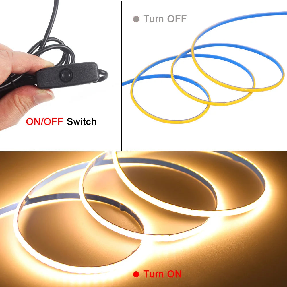 5V USB 3mm PCB COB LED Strip Light with Switch Dimmer Remote Control 320 LEDs High Density Linear Lighting Flexible Tape Lamp