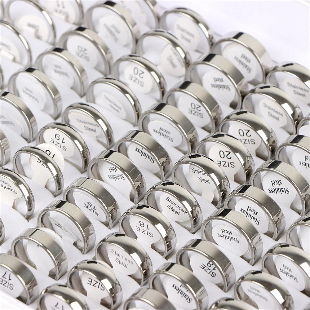 50Pcs/Lot Wholesale Smooth Stainless Steel Ring For Men Women Party Wedding Finger Jewelry Accessories Mix Width 2/4/6/8mm