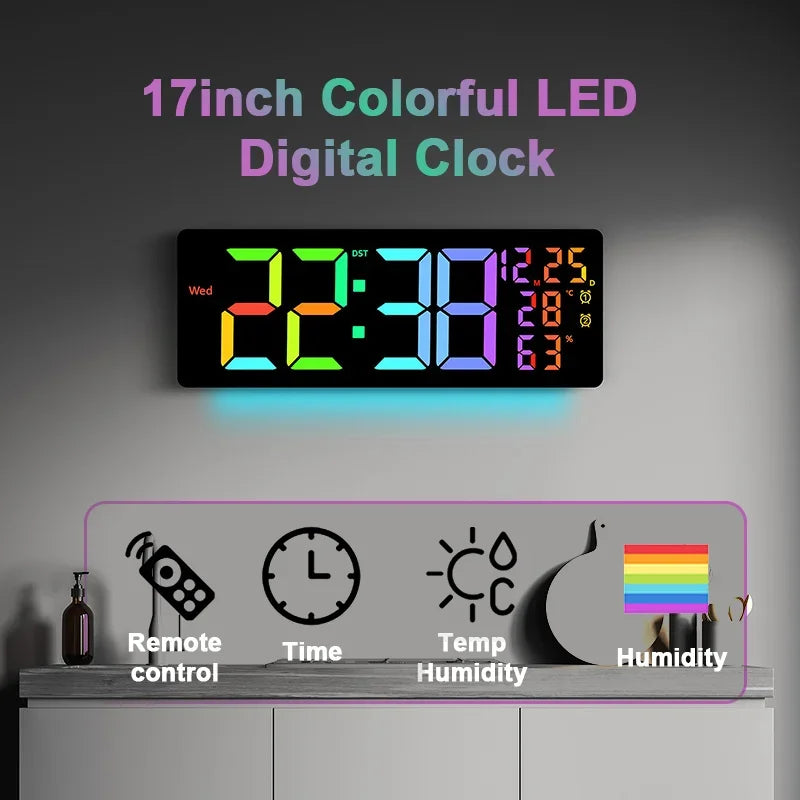 17" Large Digital Alarm Clock with 11Colors & Dynamic RGB Display RGB LED Wall Clock with Colour Changing/Dual Alarm/Room Decor