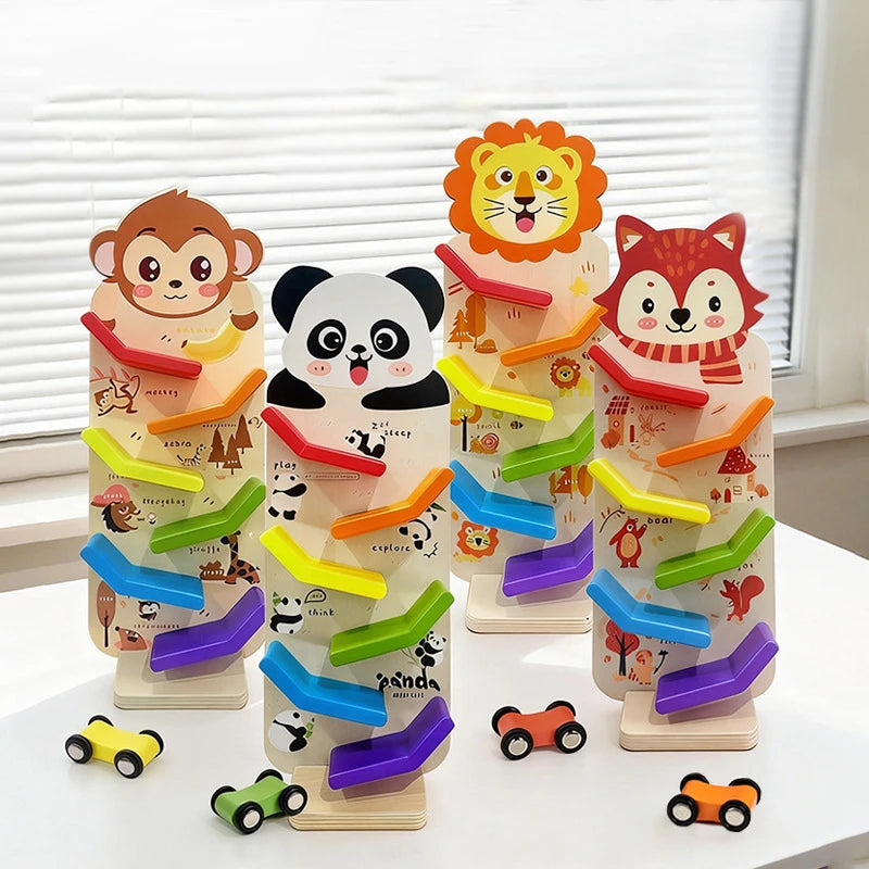 Wooden Animal Glider Car Early Education Focus Training Multi-layer Track Rolling Vehicle Parent-Child Interaction Toy for Kids