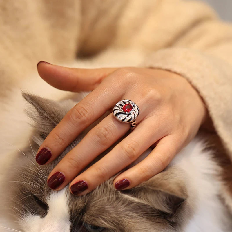 Foydjew 2023 New Trend Modern Retro Zebra Pattern Ruby Jewelry Sets European American Fashion Leopard Rings Drop Earrings