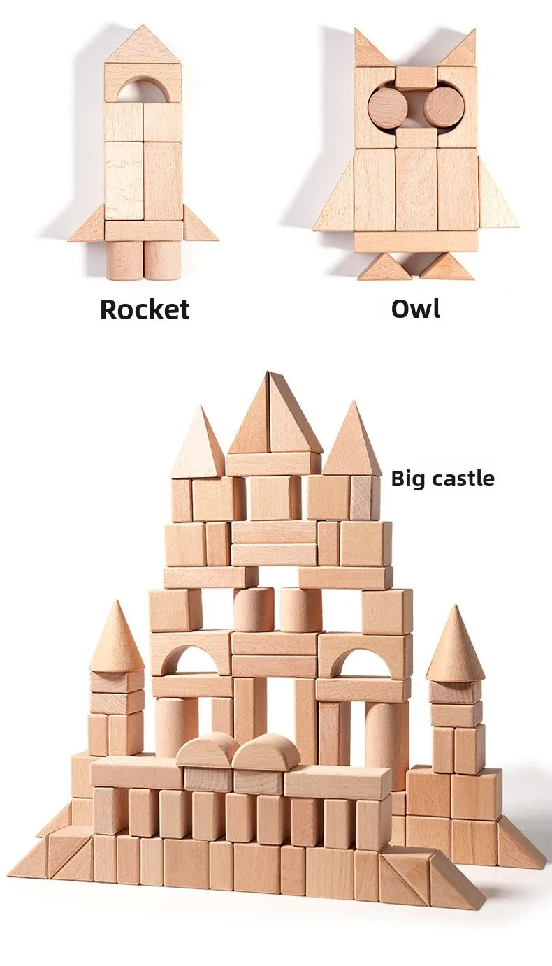 Kawaii 100Pcs Unpainted Beech Wooden Large Building Blocks Toddler Stacking Construction Preschool Educational Gift