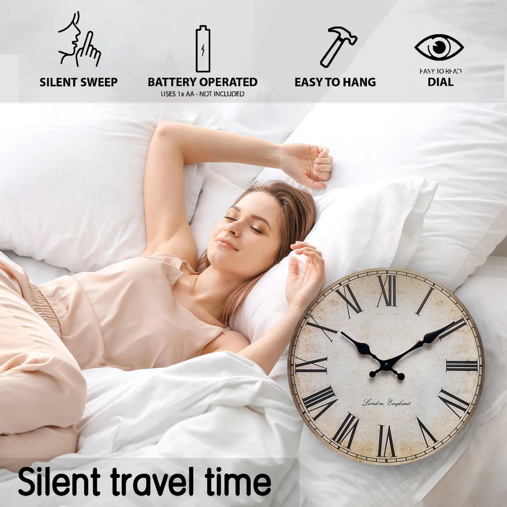European-Style Retro Roman Numeral Wooden Wall Clock for Living Room, Bedroom, Kitchen, Home Decoration, Silent Quartz Clock, Holiday Gift, 10 Inches, 12 Inches (No Battery)