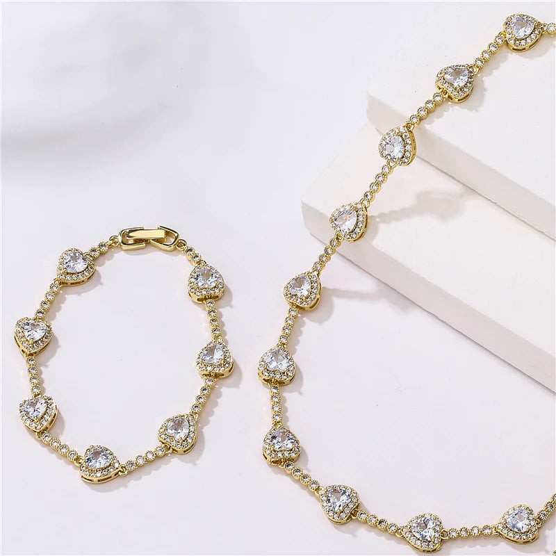 HECHENG, CZ Heart Tennis Link Chain Bracelet Necklace For Women Birthday Gifts Iced Out Bling CZ Paved Love Heart Sweet Bracelet
