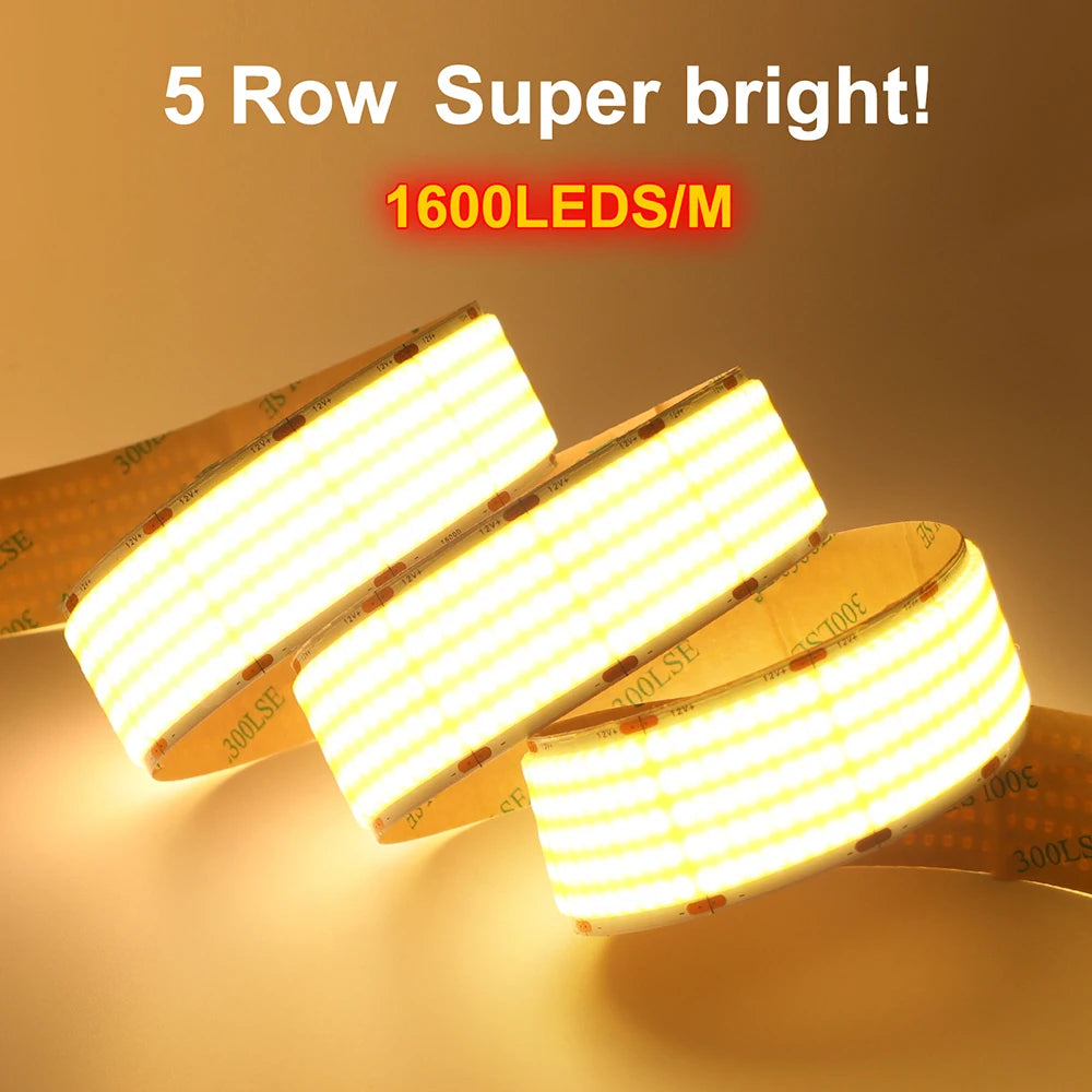 12V 24V COB LED Strip Light 1 2 5 Rows Super Bright 320 600 1600LED/M Flexible Tape High Density Linear Lights 3000K 4000K 6500K