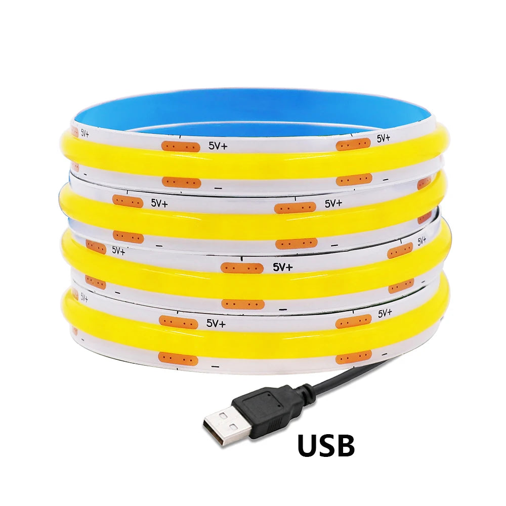 5V USB COB LED Strip Light 3Keys Touch Dimmable ON/OFF Switch Bright Red Green Blue Warm White 320LEDs Flex Ribbon Tape 8mm PCB