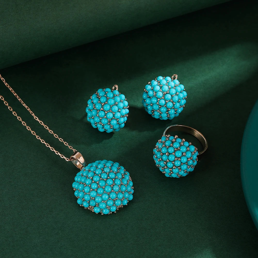 Ajojewel New Blue Hydrangea Flower Jewelry Sets For Women Ladies Beautiful Resin Earrings Pendant Necklace Ring Size 7,8,9