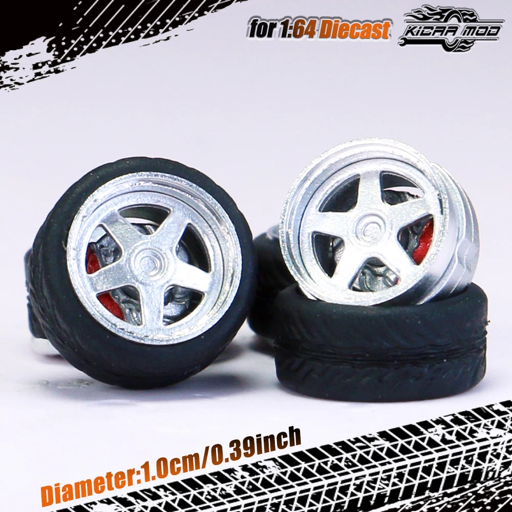 Kicarmod 1/64 Model Car ABS Wheels with Rubber Tire Brake Disc Metal Rims Diameter 10mm Refitting Parts For Model Car