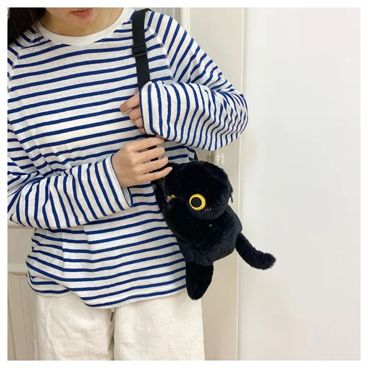Black Cat Backpacks Big Eyes Kitten Doll Plush Kawaii Stuffed Animals Shoulder Bag Large-capacity Soft Toy Fashion Crossbody Bag