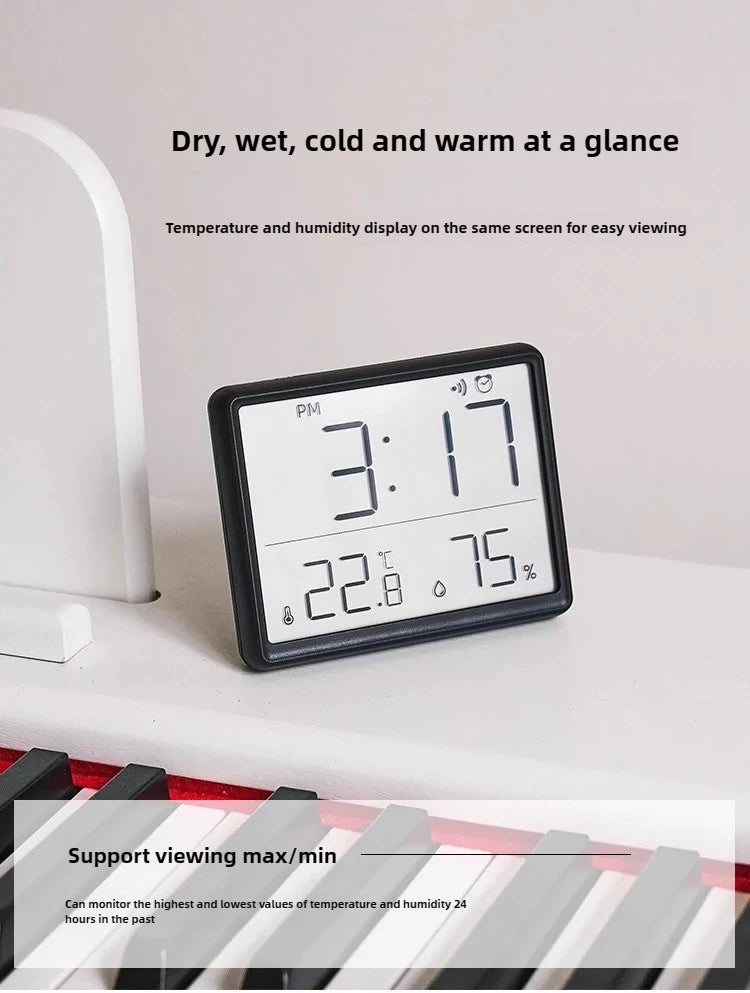 3-in-1 Smart Digital Clock - Temperature & Humidity Display + Alarm - Ultra-Thin Adhesive Mount for Wall or Tabletop Use