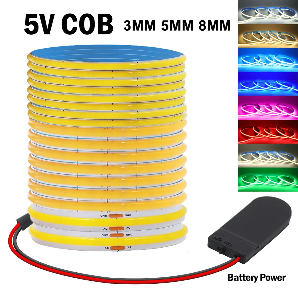 DC 5V COB LED Strip 3mm 5mm 8mm 320LEDs/M High Density Flexible COB LED Tape Night Light Battery Powered DIY TV Mirror Backlight