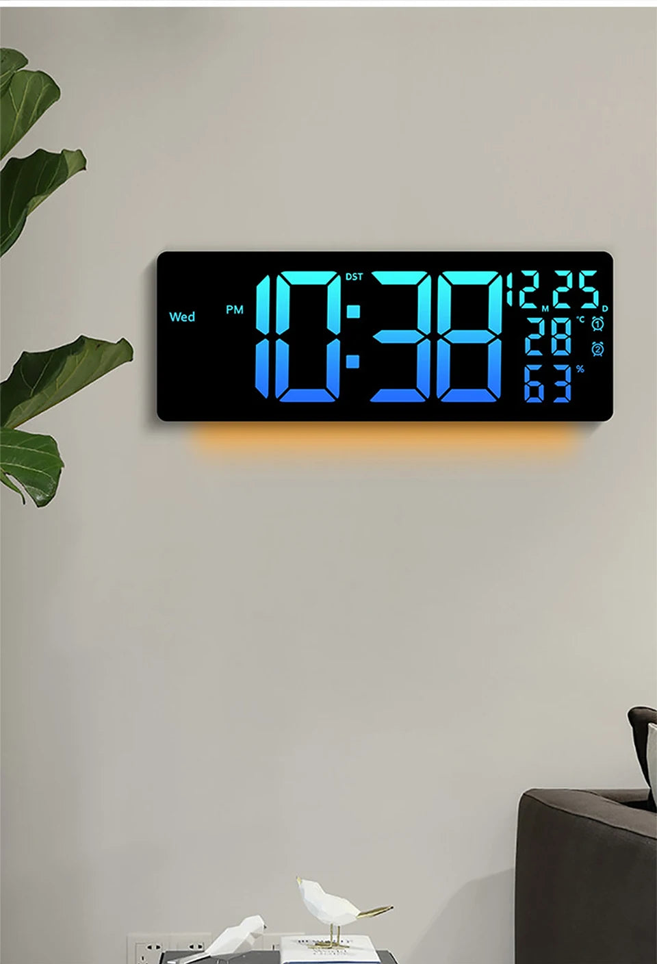 17" Large Digital Wall Clock 11Colors Dispaly & Dynamic RGB LED Clocks Temp Date Week Display Remote Control Dual Alarms Clock
