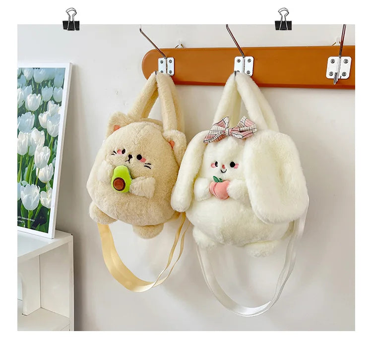 New Rabbit Kitten Plush Toy Backpack Stuffed Animal Rabbit Hold Peach Cat Hold Avocado Portable Shoulder Bag Girl Birthday Gifts