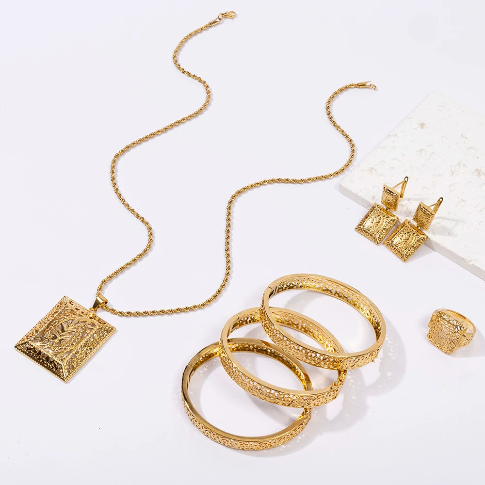 LUIZADA 2025 July Hot Selling Fashionable Copper Jewelry Set:Necklace, Earrings, Rings & Bangles For Women's  Wedding & Party