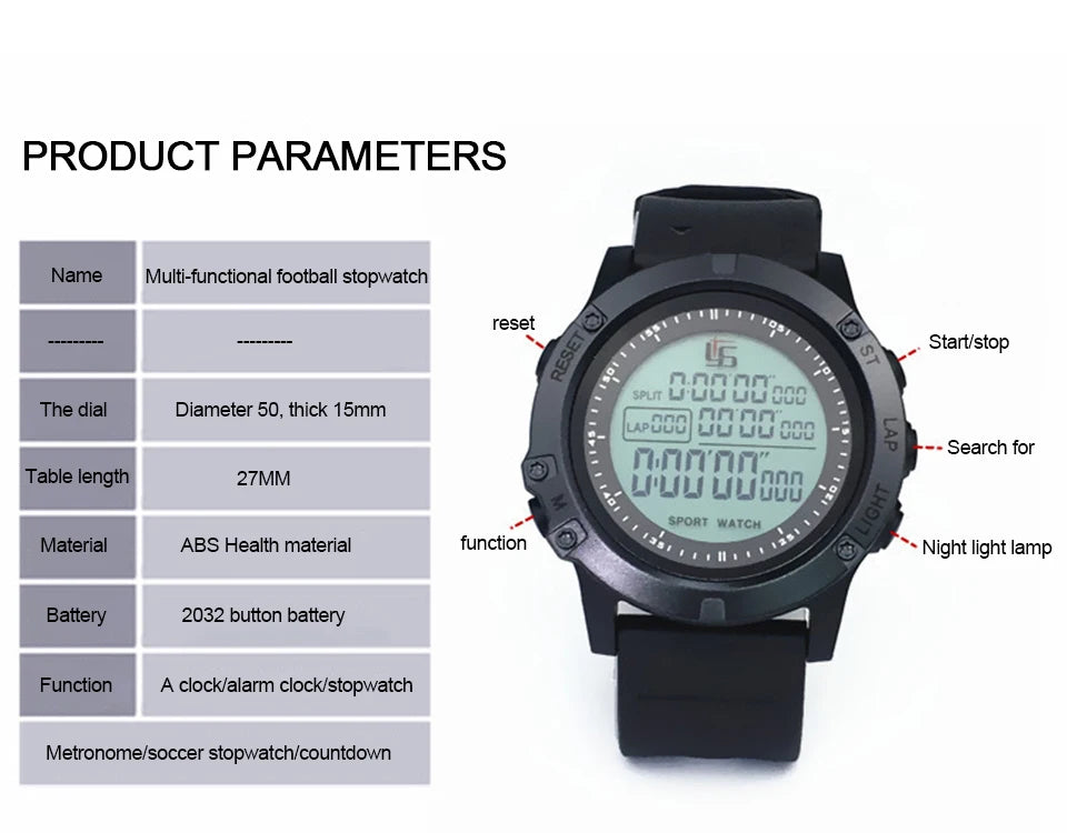 Digital Sport Stopwatch Soccer Referee Timer LCD Multifunctional Chronometer with Backlight Portable Mute Wrist Countdown Timer