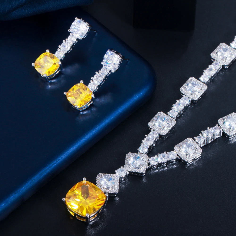 CWWZircons Super Shiny Big Square Yellow Zirconia Wedding Bridal Necklace Earrings Party Costume Jewelry Sets for Women T0726