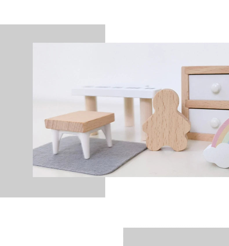Wooden Play House Toy Set Mini Dollhouse Simulated Furniture Decoration Set Bedroom Kitchen Items Table And Chairs Accessorie