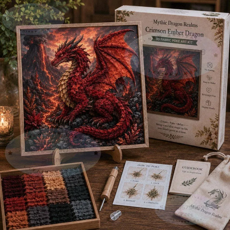 Mythic Dragon Realms 3D Fabric Poke Art Kit, DIY Punch Needle Dragon Craft Kit with Wooden Frame, Fantasy Dragon Home Decor