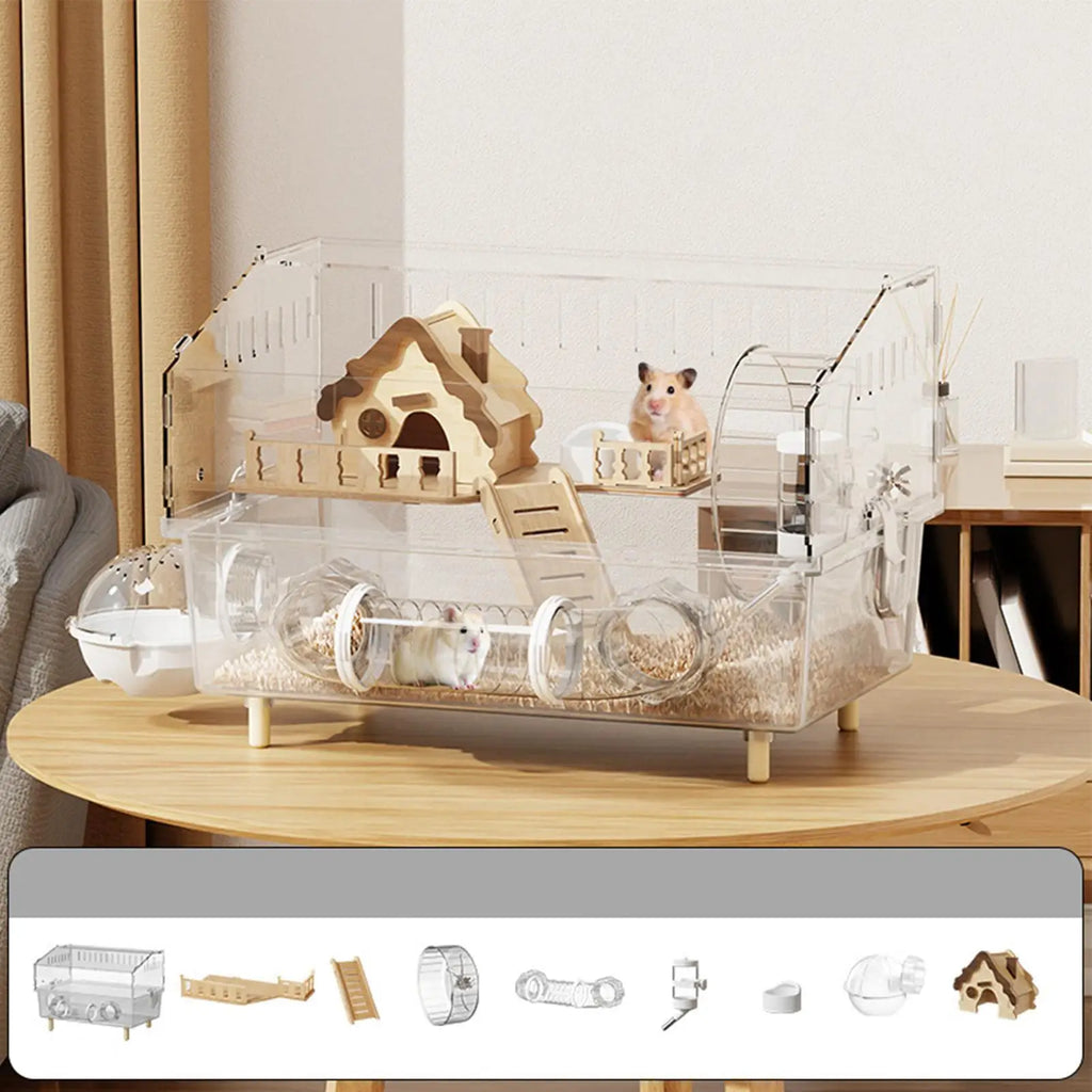 Hamster Cage 2-Layer Clear Acrylic Pet Habitats Hamster Enclosure for Indoor Outdoor Home Yard Breeding Observation Pet Shop