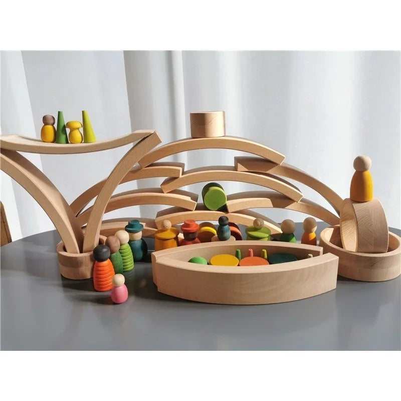 New Beech Wood Arch Stacking Blocks Rainbow Bending Wooden Building Timber Toys Set for Kids Creative Play