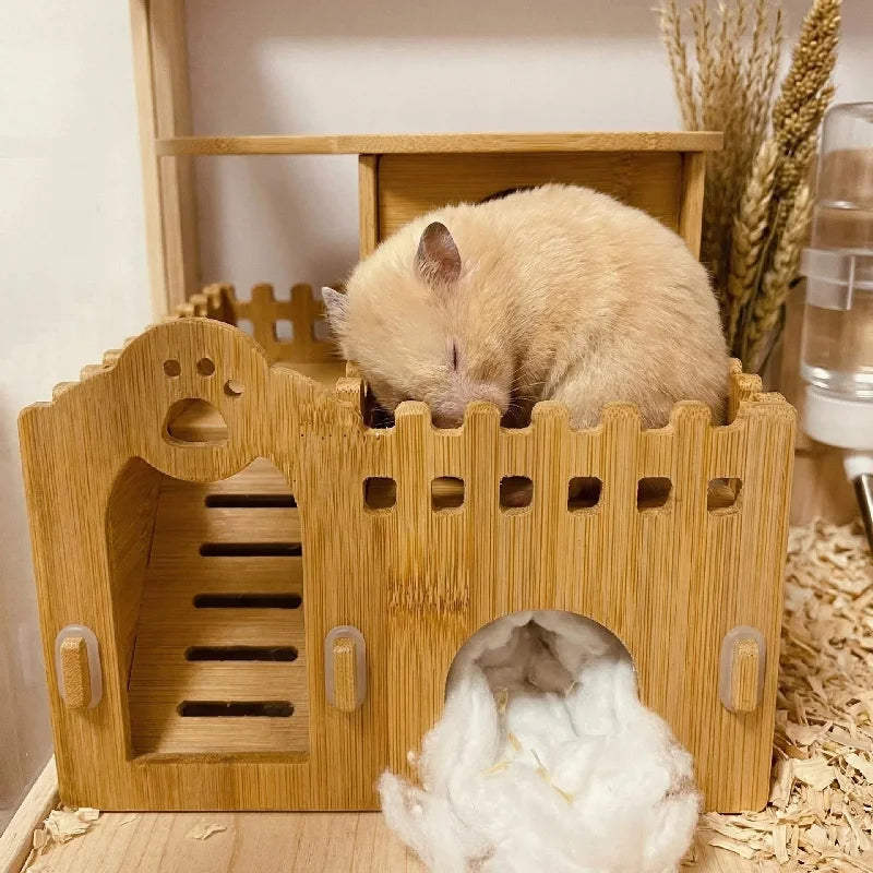 Bamboo Hamster Hideout House - All Season Winter Sleeping Nest for Golden Bear Small Pet Decor Landscape Cage Accessories