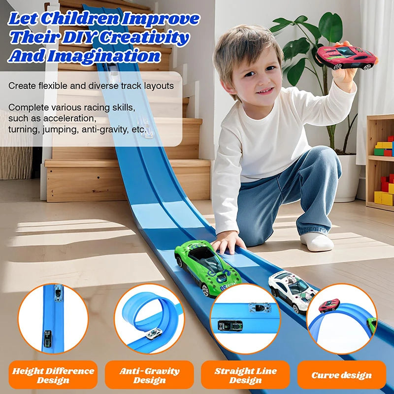 Flexible Race Track Children Toys DIY Double-track Racing Car Ramp Track Compatible 1/64th Cars Portable Rolls Up Race Tracks
