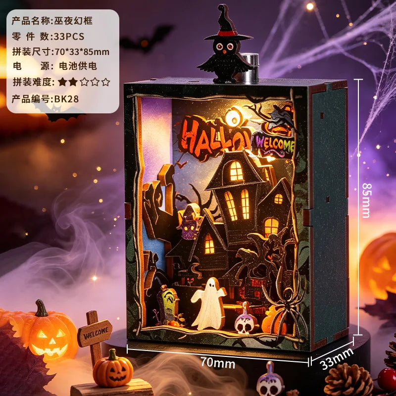 DIY Wooden Dollhouse Kit Warm Christmas Halloween Lodge Cabin with Furniture LED Lights 3D Assembly Magnetic Fridge Sticker