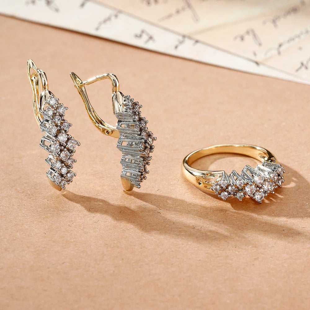 Personalized design inlaid zircon earrings and ring set copper plated 14K gold elegant fashion jewelry wedding banquet gifts