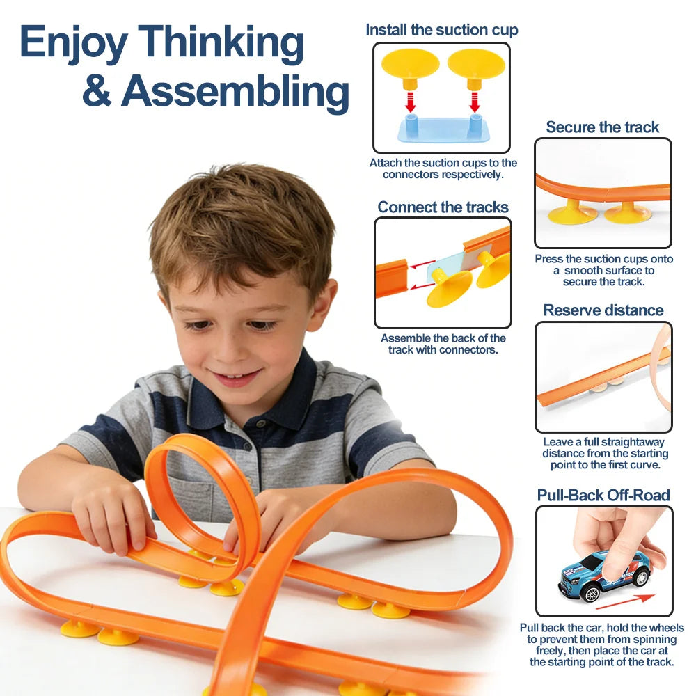 DIY Race Car Track Set, Desktop Loop & Slope Stunt Track with Suction Cups, Builds Creativity & Fine Motor Skills for 3+