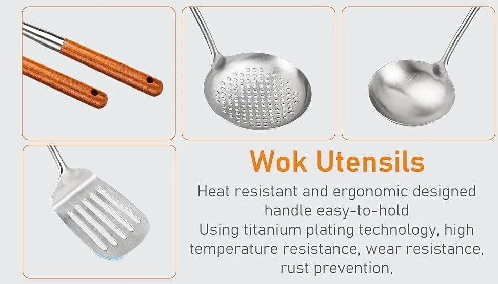 Wok Spatula and Ladle, Skimmer Spoon, Slotted Turner Spatula Set, Stainless Steel Kitchen Utensils Sets, with Wooden Handle