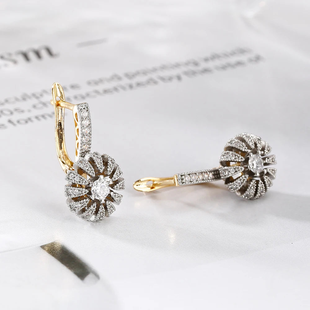Petal Design Inlaid Synthetic Zircon Ring Earrings Ring suit Copper Plated 14K Gold Retro Fashion Jewelry Banquet Gift