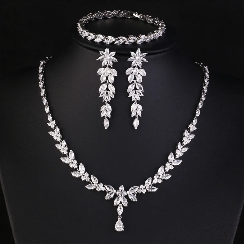 ZAKOL Luxury Cubic Zirconia Necklace Earrings Rings Set for Women Shinny Water Drop Leaf CZ Bridal Wedding Jewelry Sets