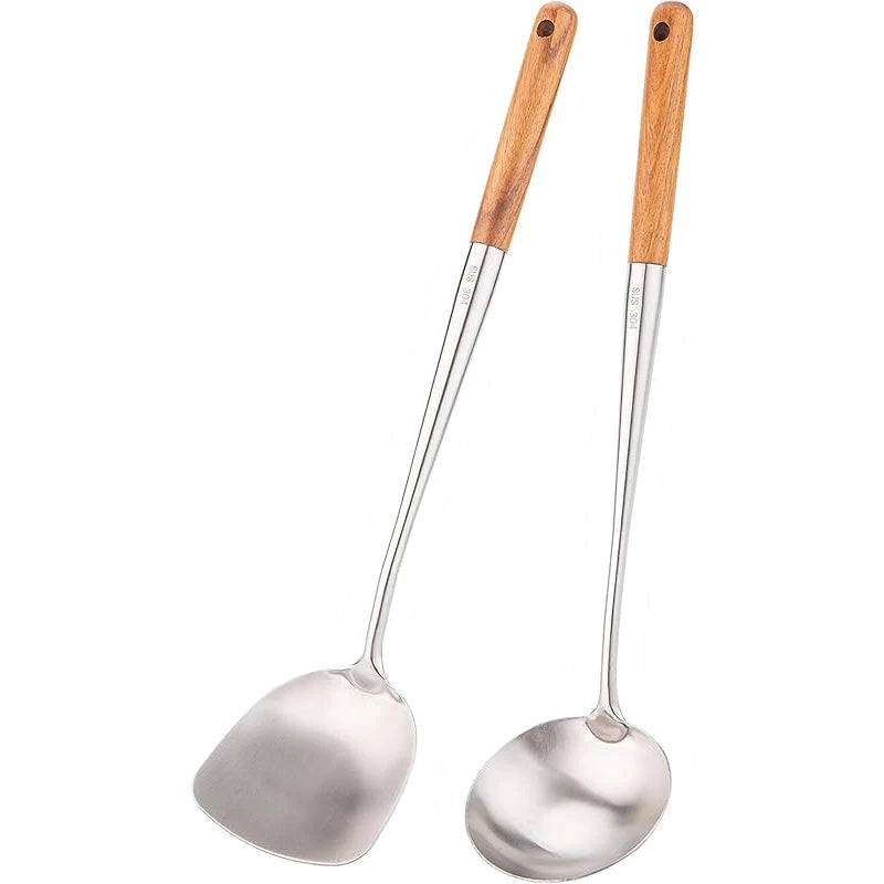 Wok Spatula and Ladle, Skimmer Spoon, Slotted Turner Spatula Set, Stainless Steel Kitchen Utensils Sets, with Wooden Handle