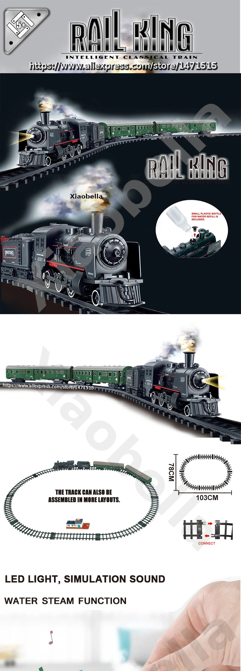 Electric Railway King Classical Passenger Train Simulation Water Steam Locomotive Playset Battery Operated Train Toy Smoke Sound