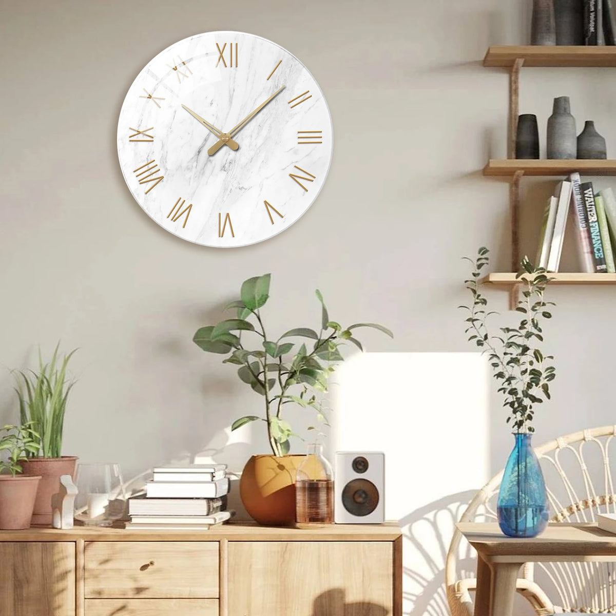 1pc 12 inch tempered glass wall clock, modern simple white marble texture gold Roman numerals design wall clock, home mute clock