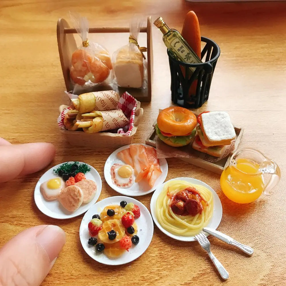 Cute 1/6 Scale Dollhouse Miniature Breakfast Mini Bread Waffle Bacon Bagel Clay Food for Doll Kitchen Toys Accessories