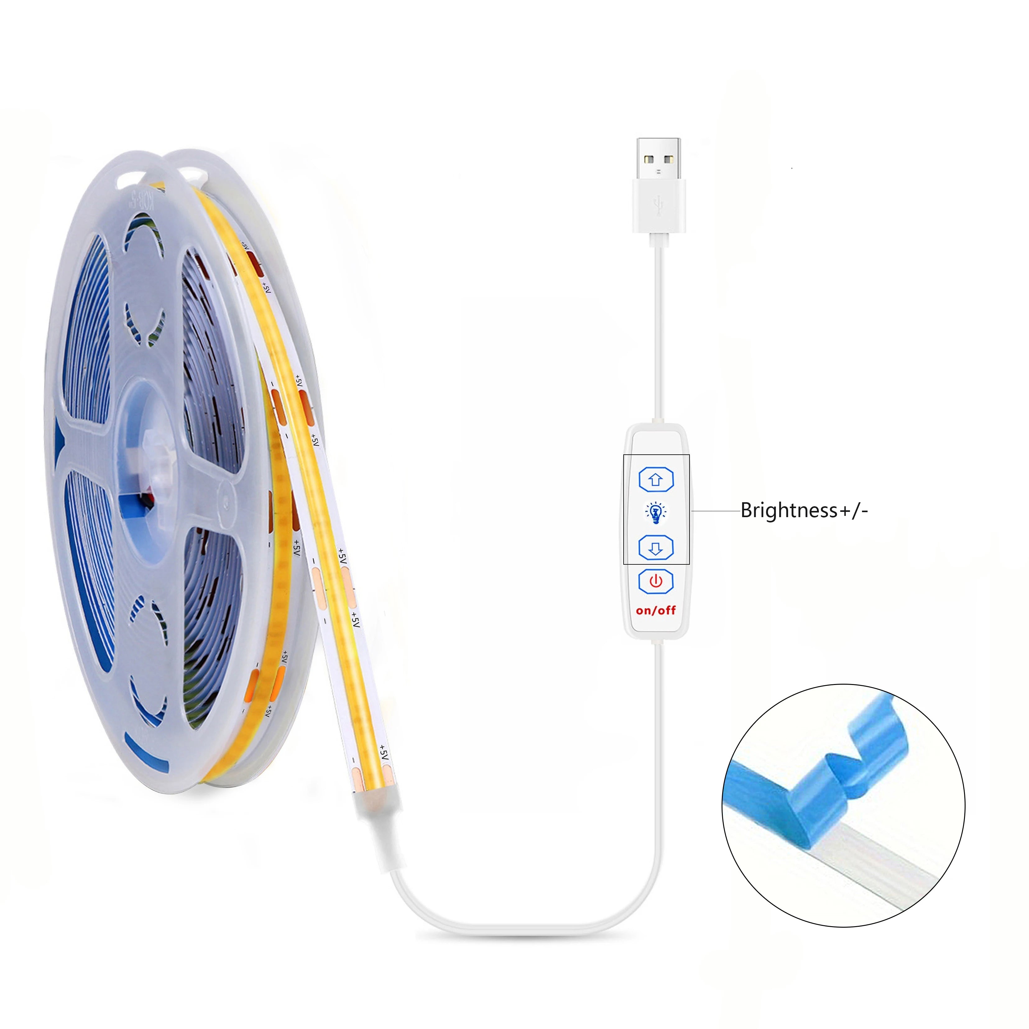 5V USB COB Led Strip Lights with 3key Dimmer Flexible Diode Tape White Warm White for Room TV Mirror Backlight Cabinet Light