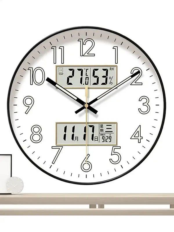 Non Ticking Wall Clock Round Wall Clock Glow In Dark Home Decor Featuring Calendar 10/12/14 Inch Large Digital Display Night