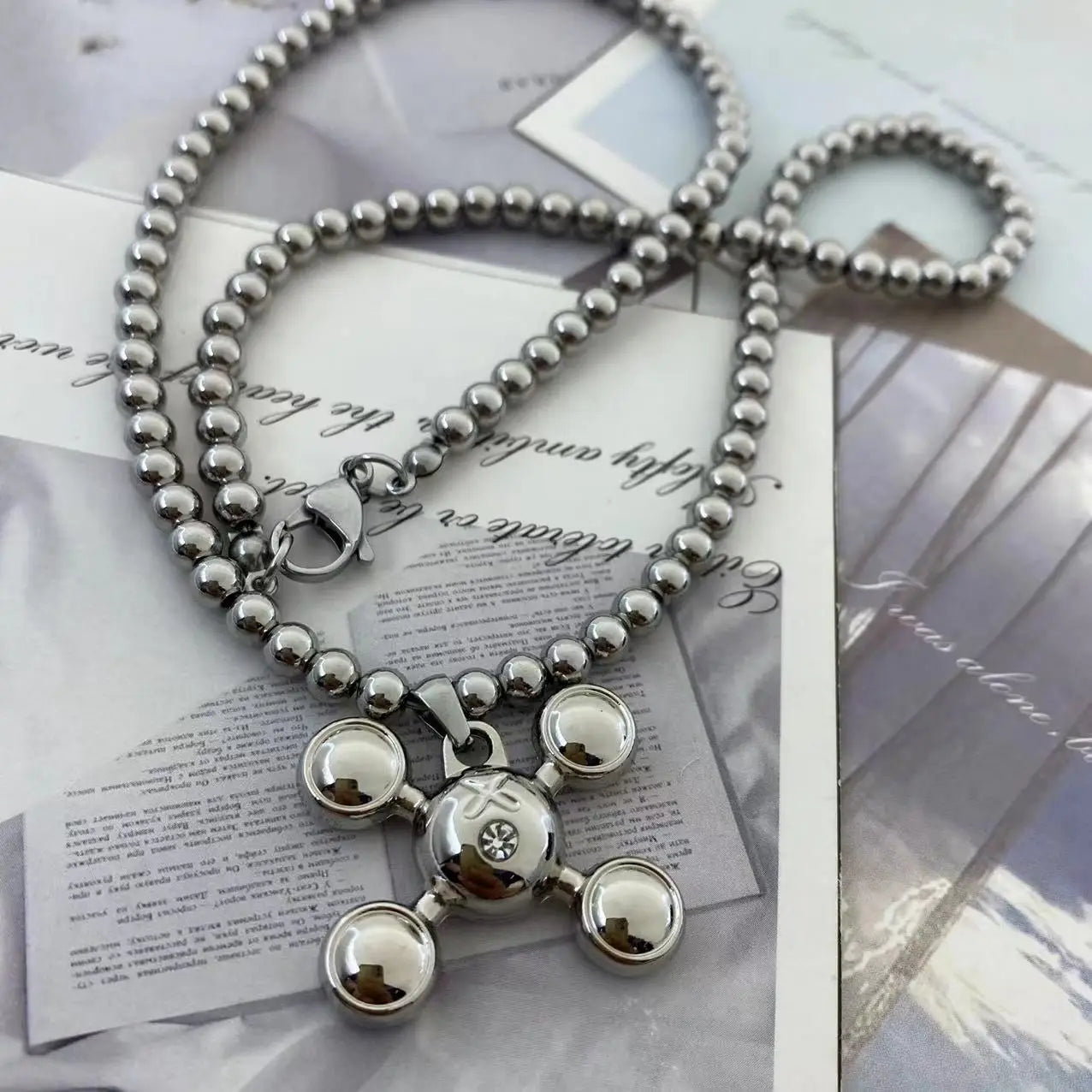 Fashion Stainless Steel Round Bead Chain Quadangle Ball Pendant  For Men Women Personality Niche Design Sense Necklace Gift