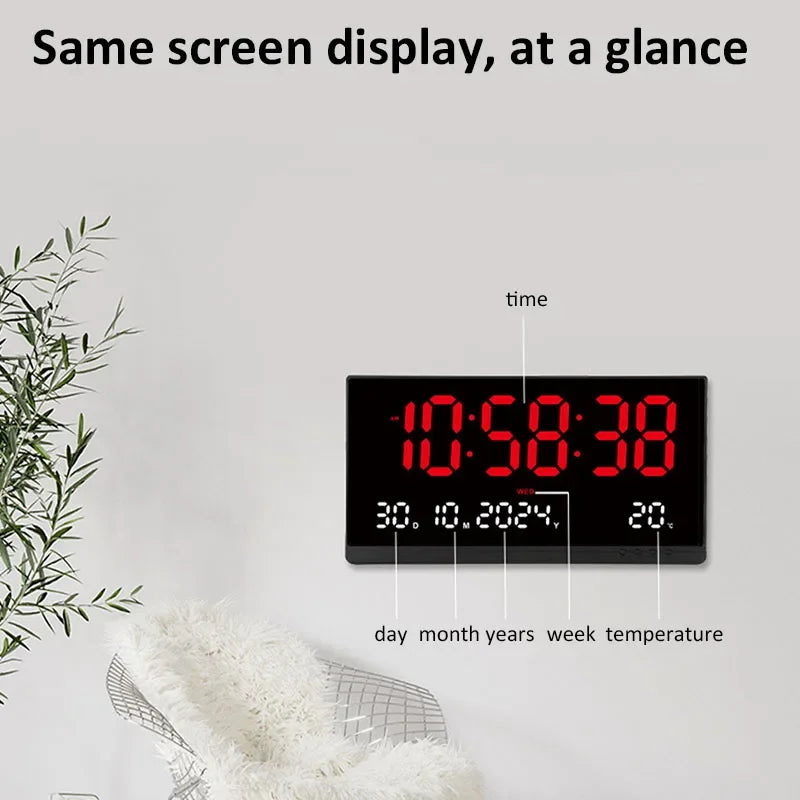 21'' Large Digital Wall Clock Date Calendar 12/24H Time/Date/Week/Temperature Display USB Powered Electronic LED Alarm Clock