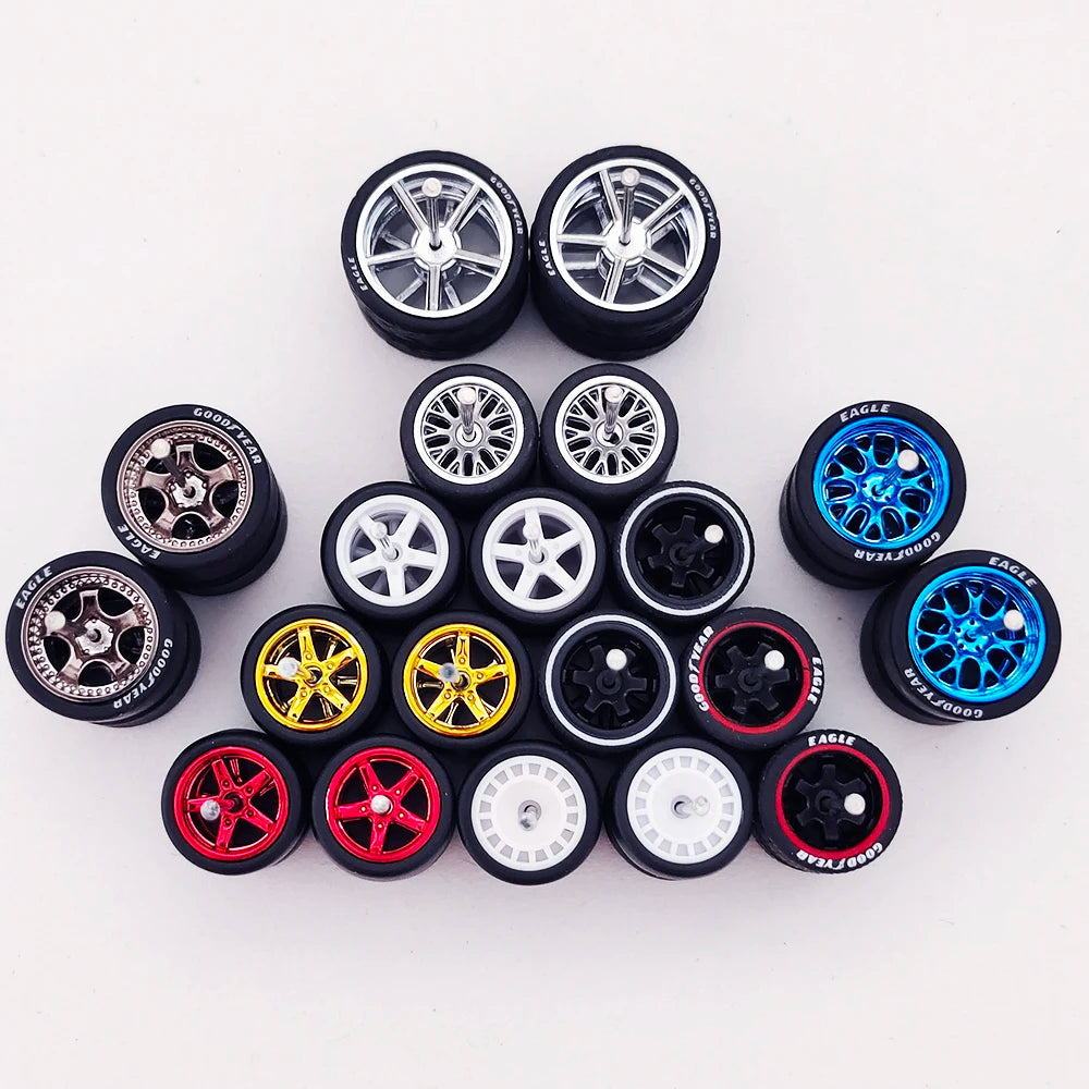 10 Sets 11/12/13/14/17mm 1/64 Alloy Car Wheels Rubber Tires W Axle for HW/Matchbox/Domeka/Evo 1:64 Car Model SUV Off Road Truck
