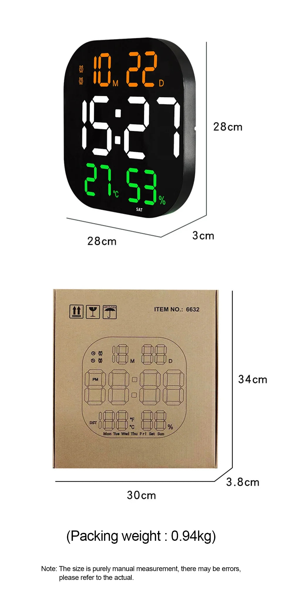 13inch LED Large Digital Wall Clock with Remote Control TEMP Humidity Week Auto Dimmer 12/24H Alarm Clock for Home Office Decor
