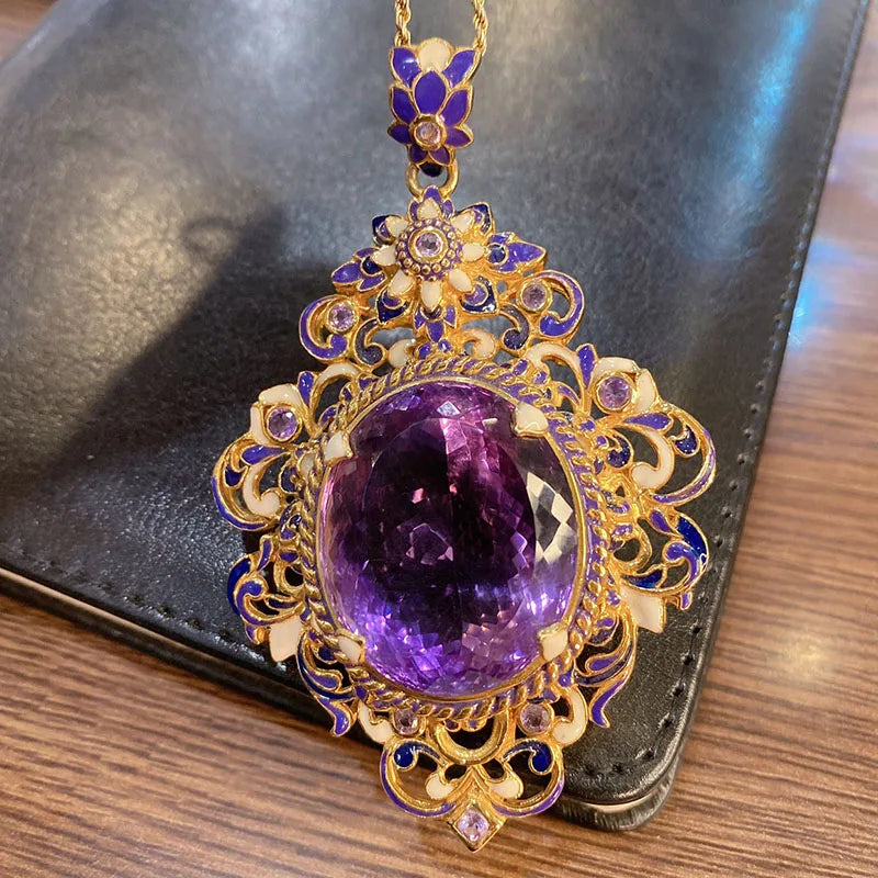 Foydjew Italian Vintage Jewelry Enamel Color Amethyst Rings Pendant Necklaces Medieval Style Banquet Jewelry Sets For Women
