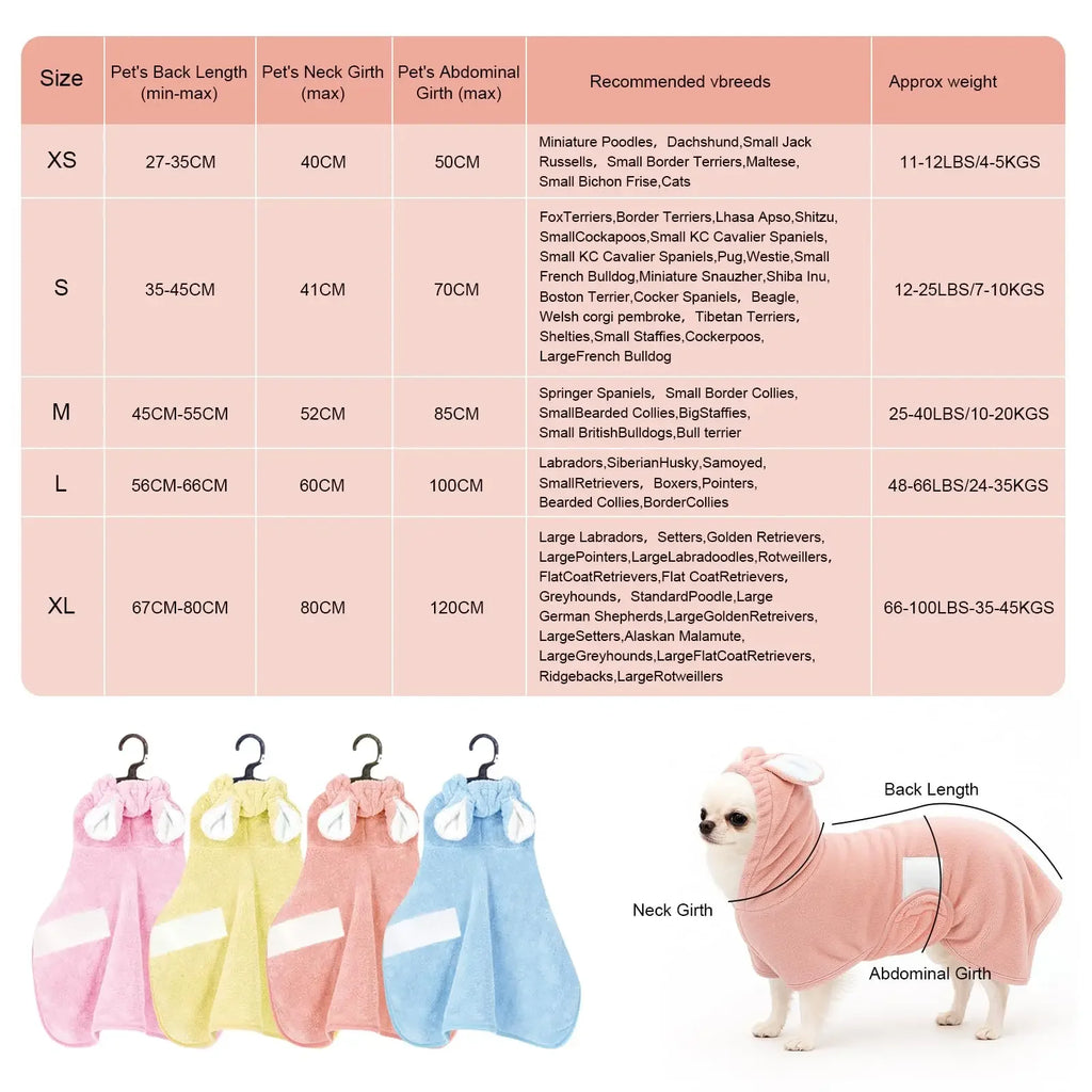Pet Bathrobe for Dogs and Cats Super Absorbent Pet Dog Bath Towel Hooded Coat Adjustable Collar and Belly StrapXS To L