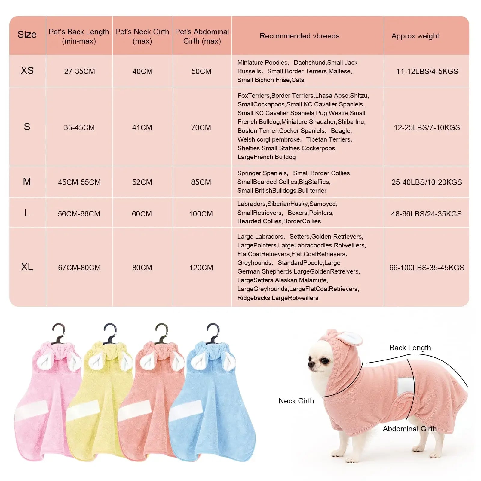 Pet Bathrobe for Dogs and Cats Super Absorbent Pet Dog Bath Towel Hooded Coat Adjustable Collar and Belly StrapXS To L