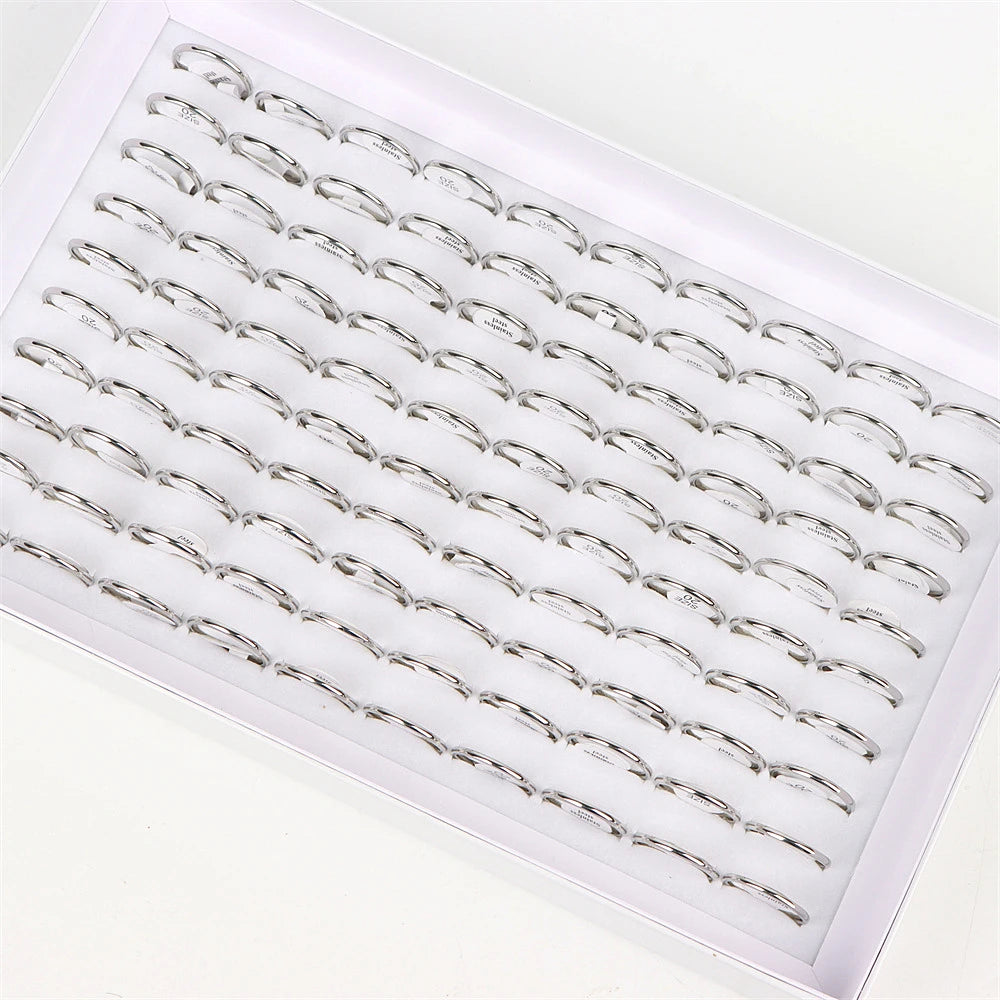 100Pcs/lot Fashion Smooth Stainless Steel Rings For Women Men Width 2-8mm Simple Lovers Jewelry Party