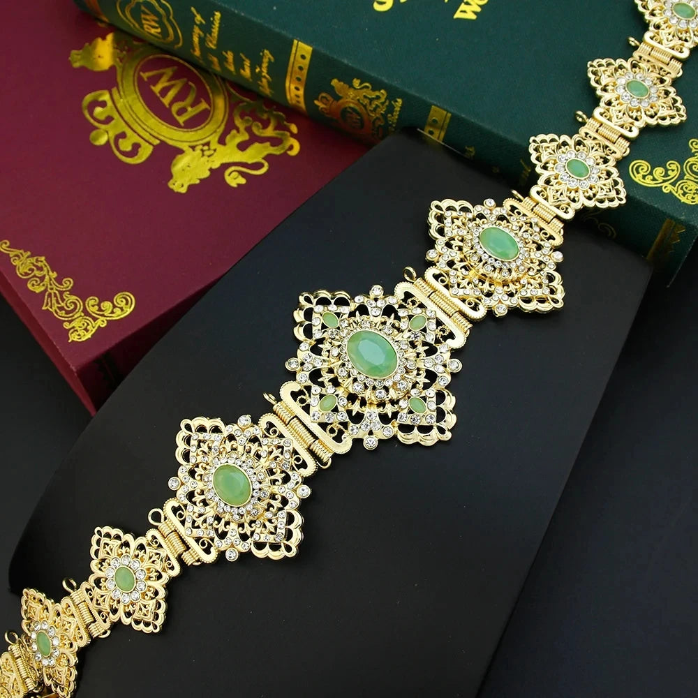Sunspicems Chic Arabic Bride Jewelry Sets For Women Gold Color Crystal Morocco Belt Necklace Caftan Brooch Earring Muslim Sets