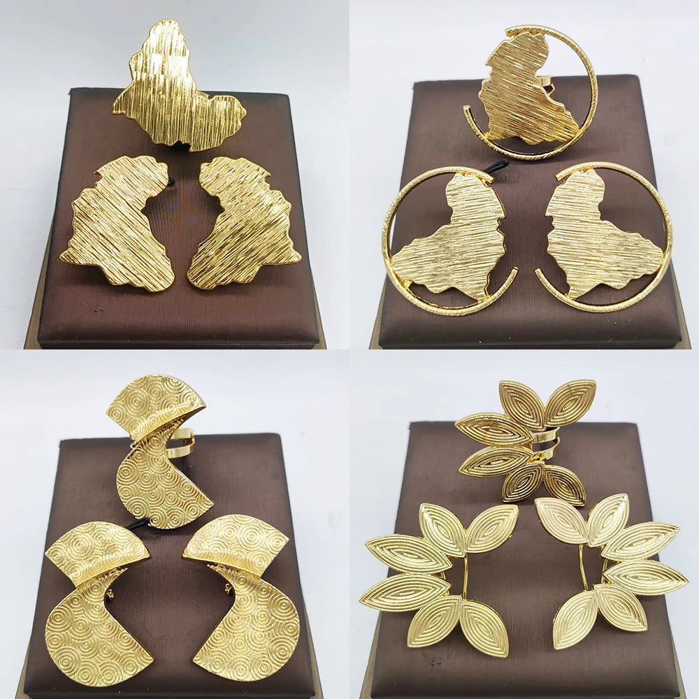 Dubai Golden Jewelry Set 18K Gold Plated Earrings and Ring for Women Wedding Bride Gift Arabic Nigerian Jewellery Accessories